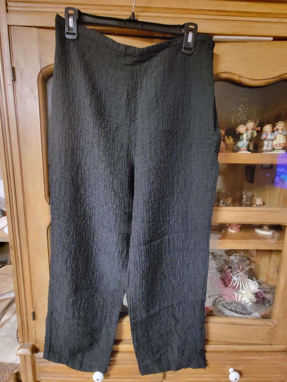 Eileen Fisher Woven Crinkle Viscose Wool Cropped Pull-On Pants Black Large